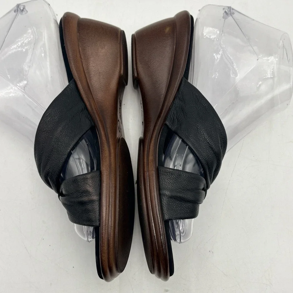 Onex Sandals Womens 6.5M Black Leather Knot Slide Wedge Comfort USA